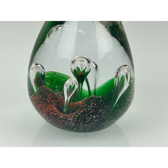 Art Glass Egg Shaped Paperweight Green Orange Controlled Bubble Office Decor - Picture 6 of 9